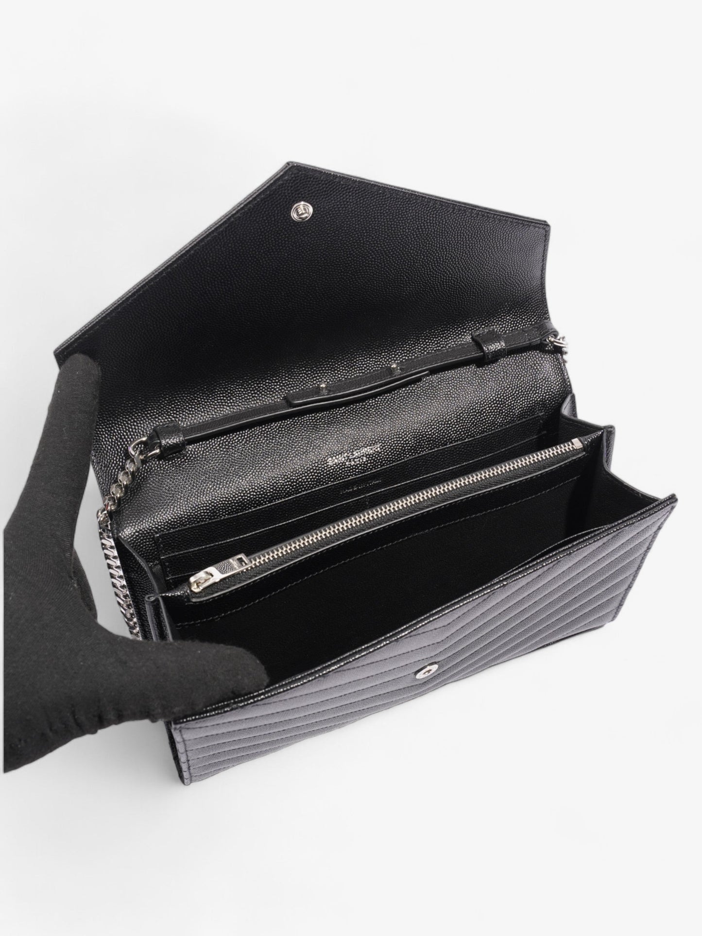 Saint Laurent Cassandre Chain Wallet Black Grained Leather