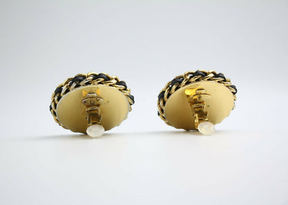 Chanel Vintage 1988 Leather Chain & Rhinestone Clip-on Round Earrings