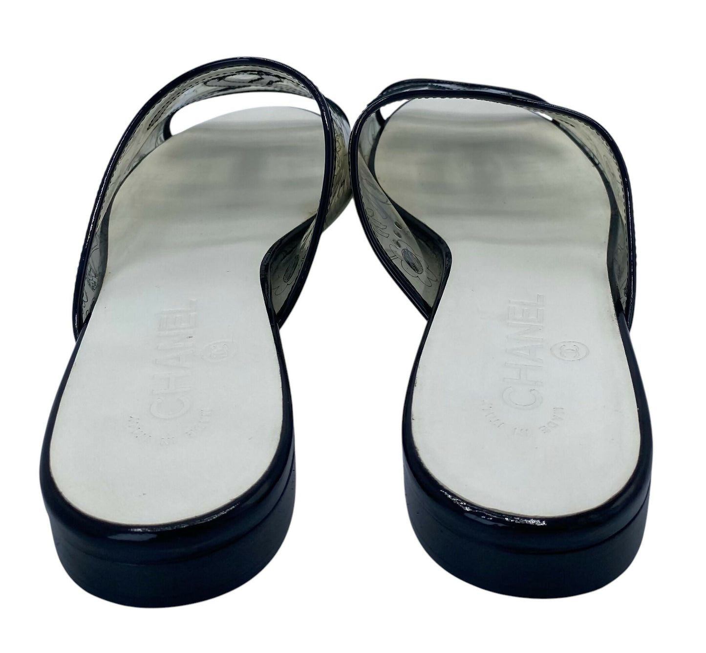 Rare Chanel PVC Black Patent Leather CC Logos Flat Slide Sandals EU 39.5C