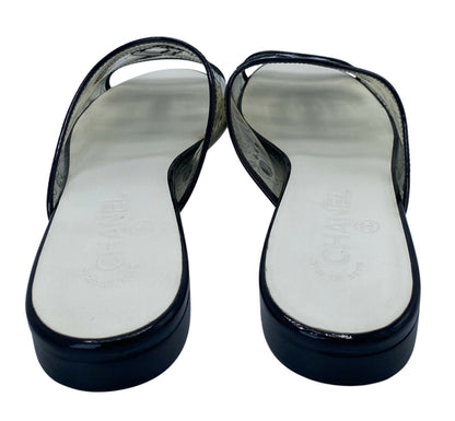 Rare Chanel PVC Black Patent Leather CC Logos Flat Slide Sandals EU 39.5C
