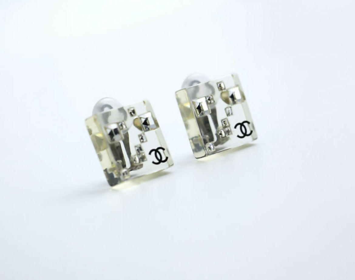 Chanel Vintage 05A Rhinestone Acrylic Transparent Square Earrings