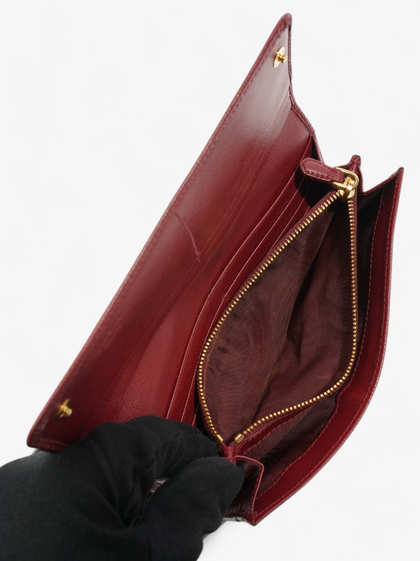 Prada Continental Wallet Burgundy / Gold Saffiano Leather