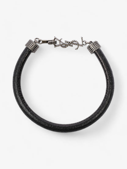 Saint Laurent Logo Hook Bracelet Black / Silver Tone Leather Medium