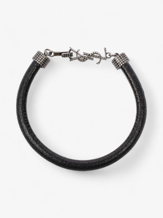 Saint Laurent Logo Hook Bracelet Black / Silver Tone Leather Medium