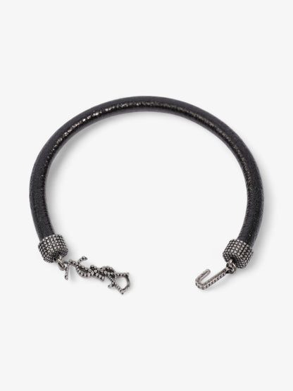 Saint Laurent Logo Hook Bracelet Black / Silver Tone Leather Medium