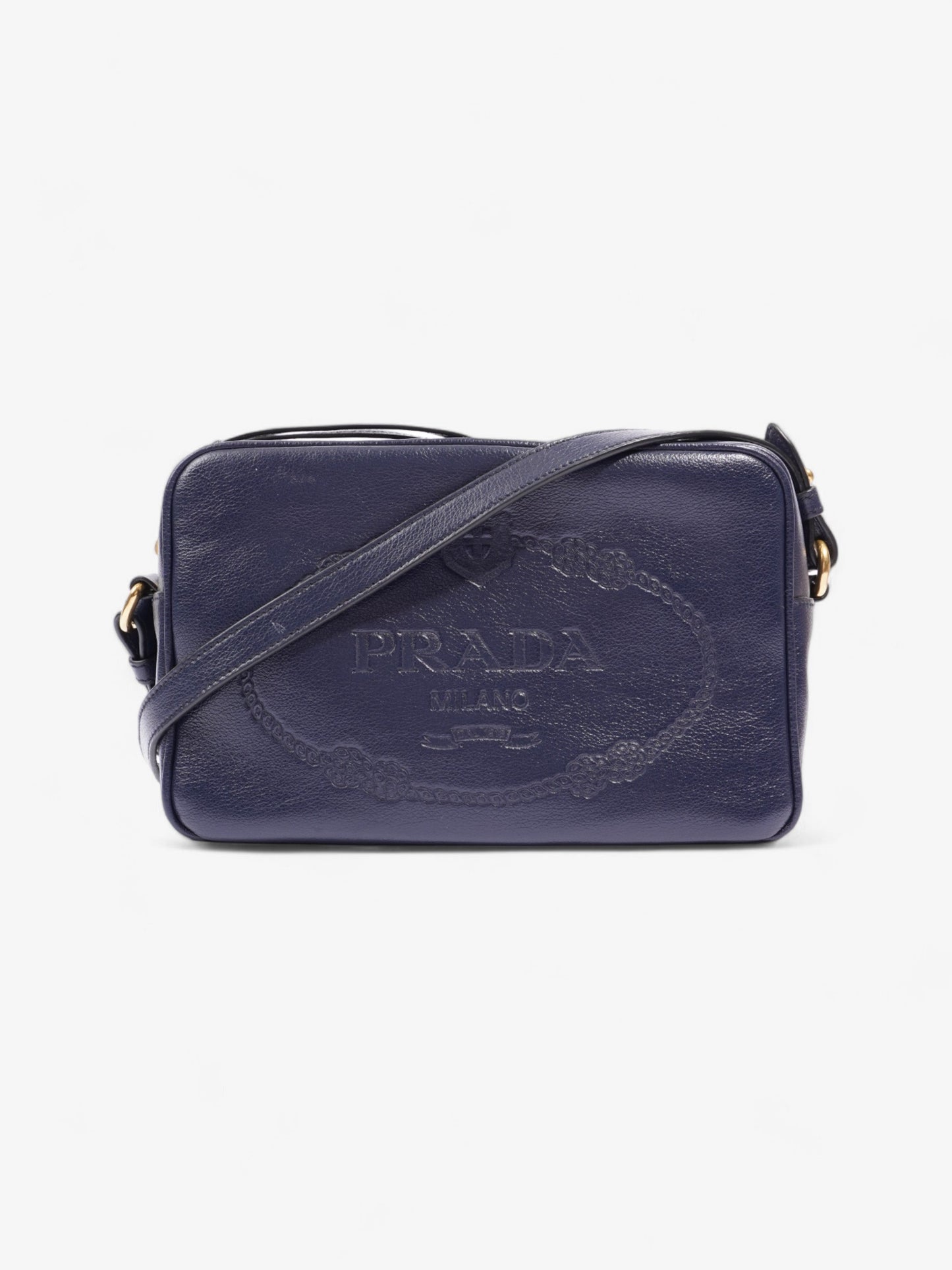 Prada Logo Embossed Navy Leather