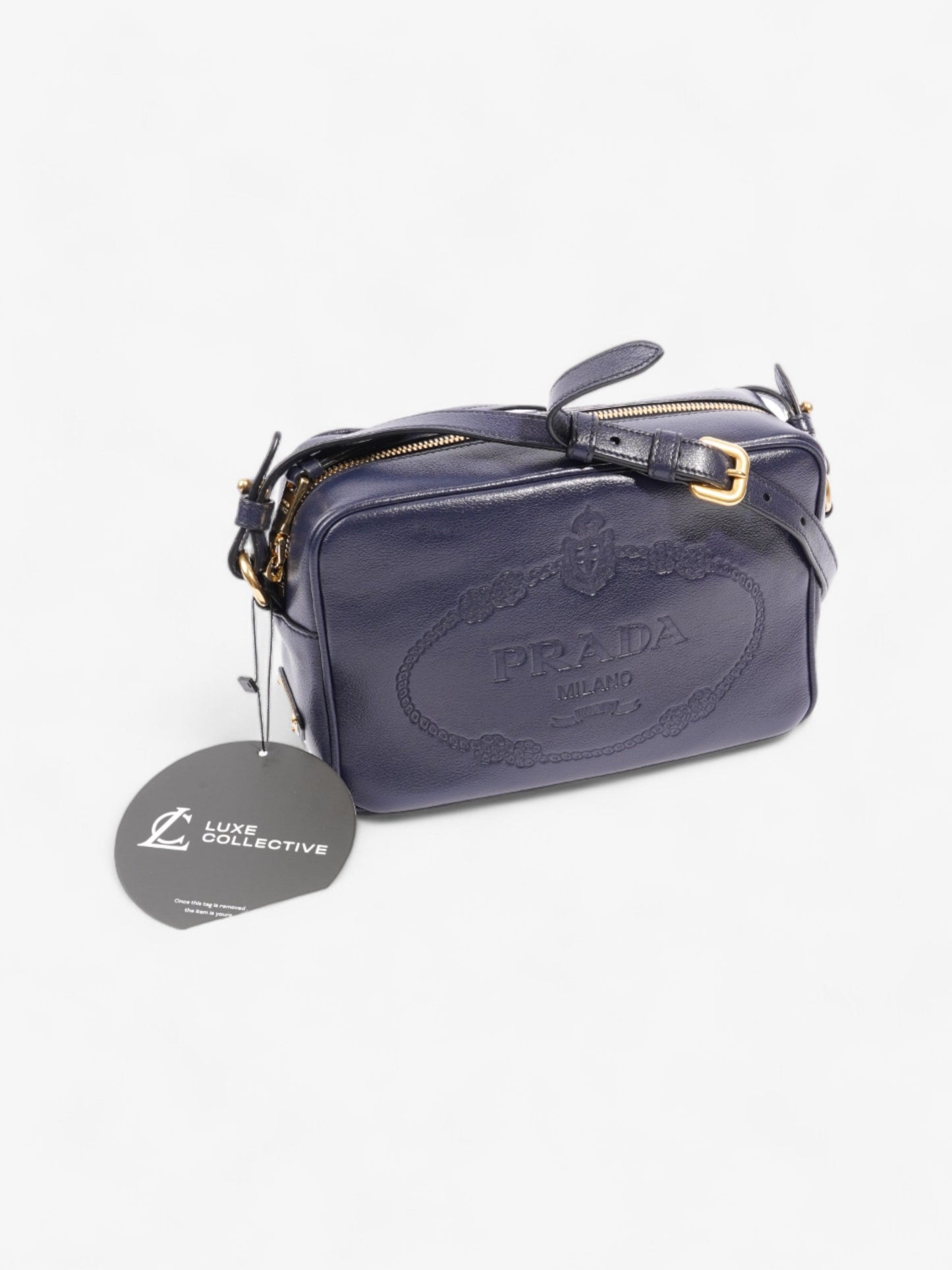 Prada Logo Embossed Navy Leather