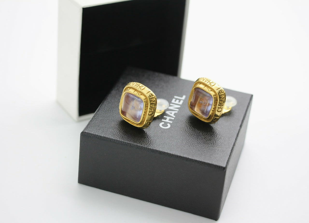 Chanel Vintage 96P Gripoix Gold-plated Fantasy Pink & Purple Square Clip-on Earrings