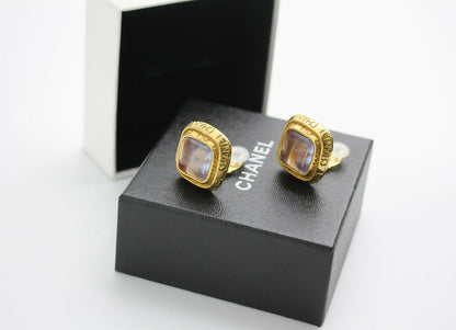 Chanel Vintage 96P Gripoix Gold-plated Fantasy Pink & Purple Square Clip-on Earrings