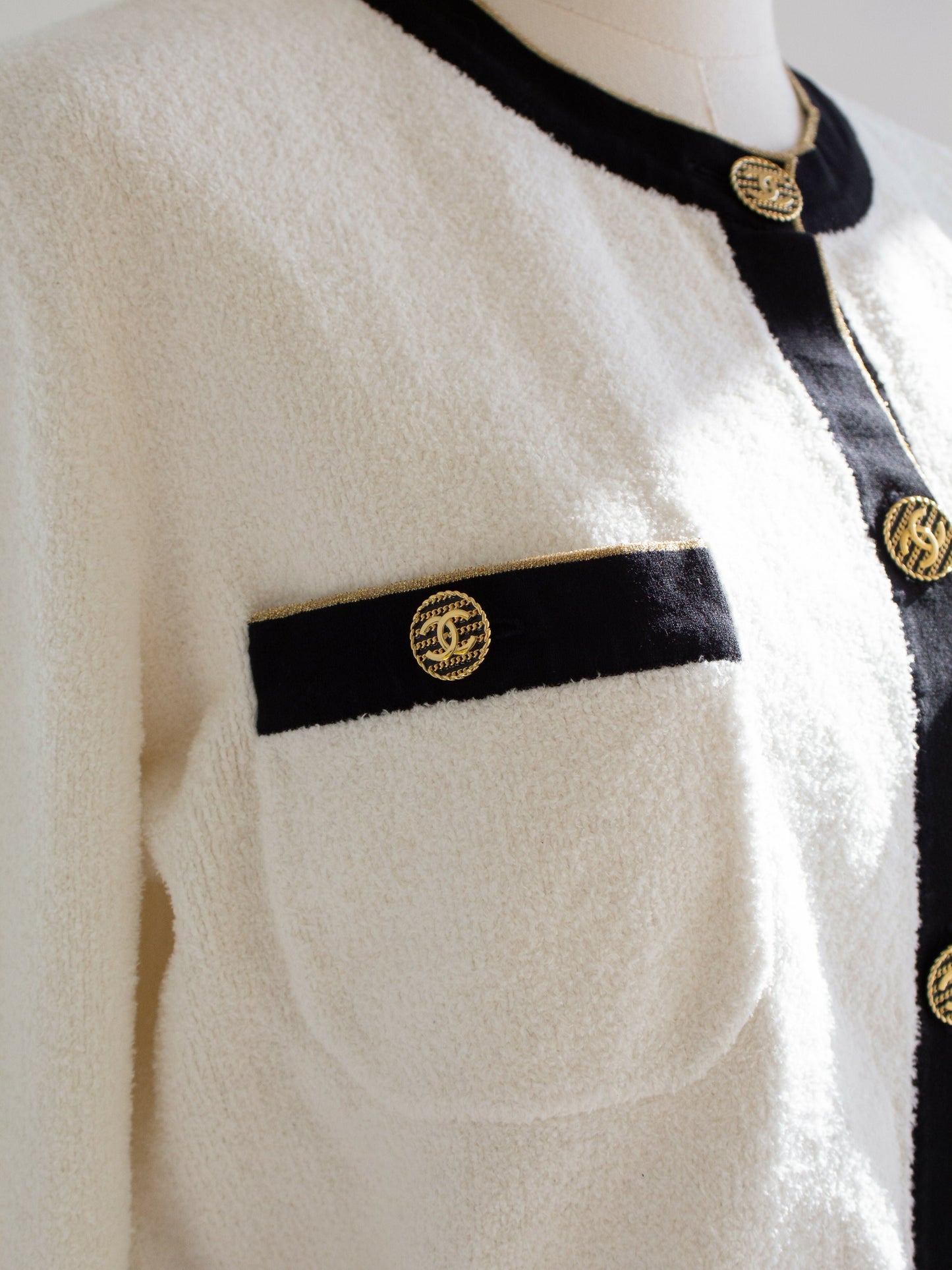 Chanel Cruise 2019 La Pausa White Black Gold Terry 19C Cardigan Jacket