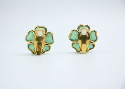 Chanel Vintage 97P Gripoix Jade Light Green Camellia Clip-on Earrings