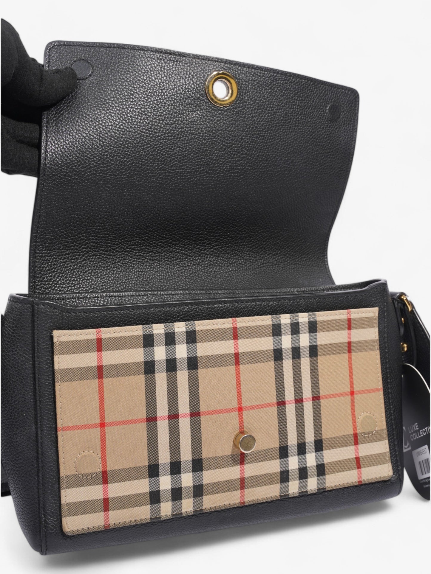 Burberry Note Bag Black / House Check Calfskin Leather Medium