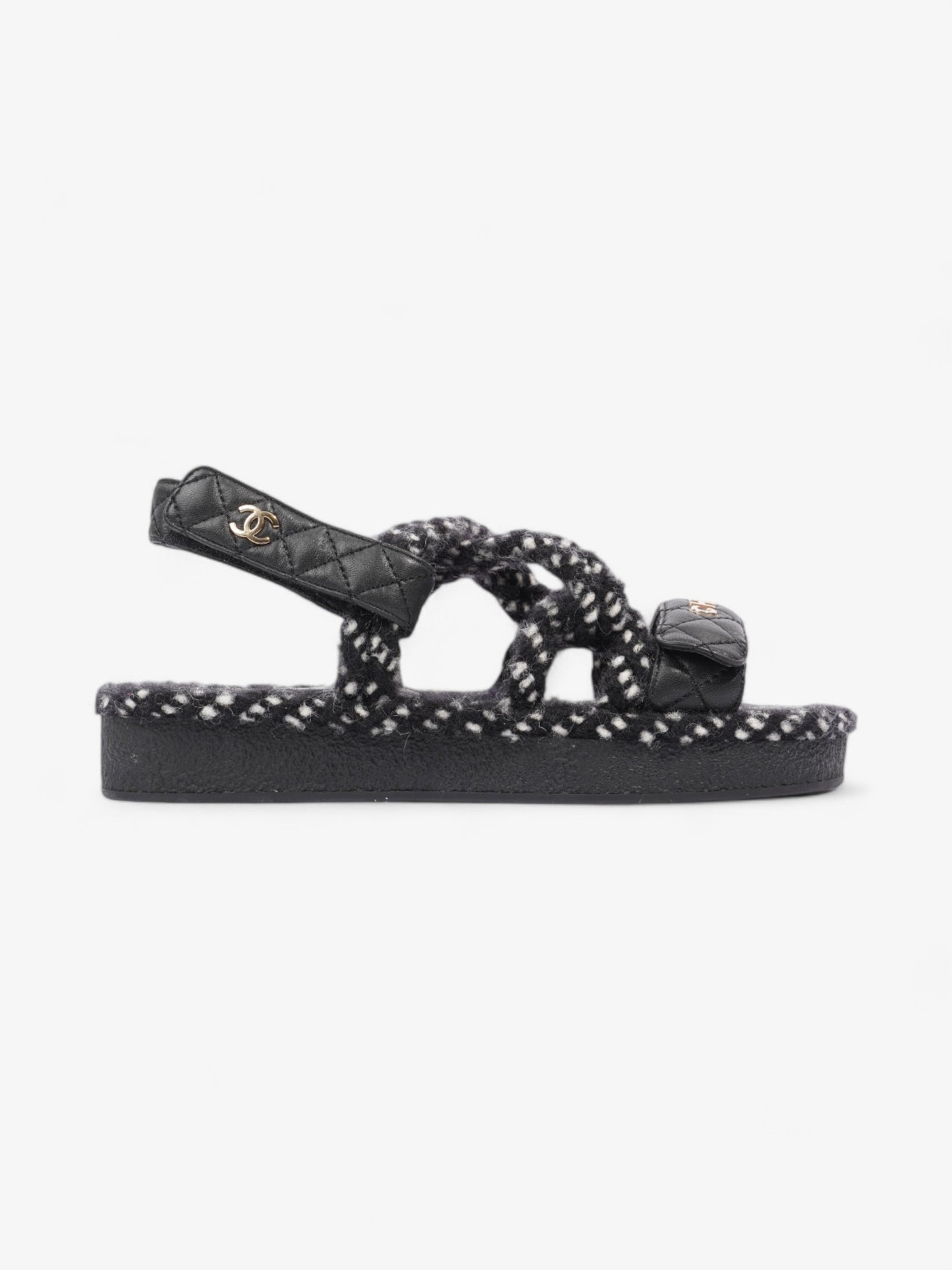 Chanel Cord Logo Sandals Black / White / Gold Lambskin Leather EU 36 UK 3