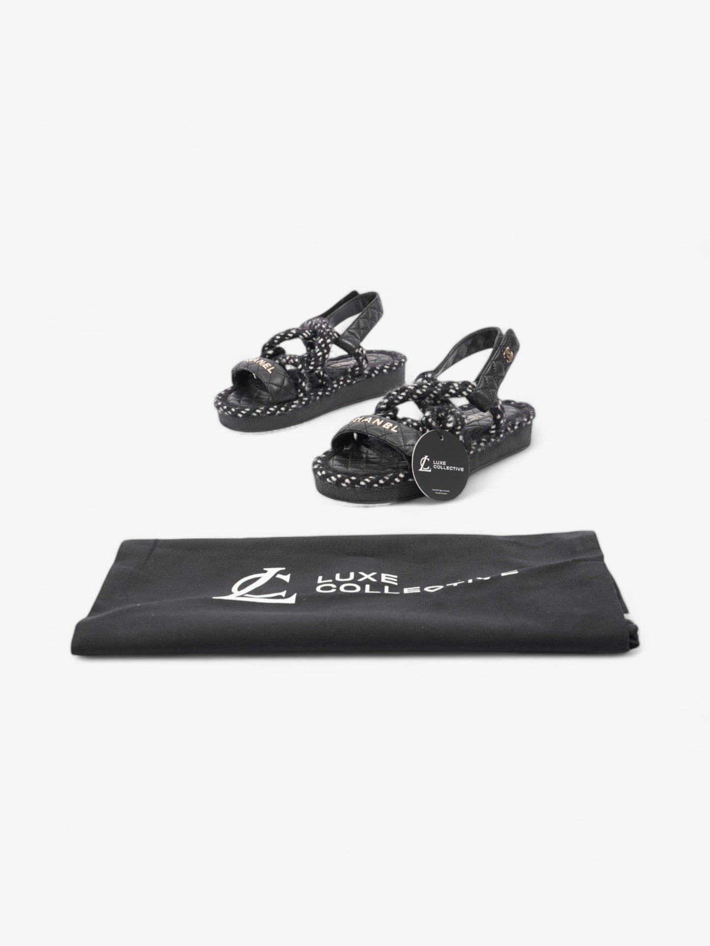 Chanel Cord Logo Sandals Black / White / Gold Lambskin Leather EU 36 UK 3