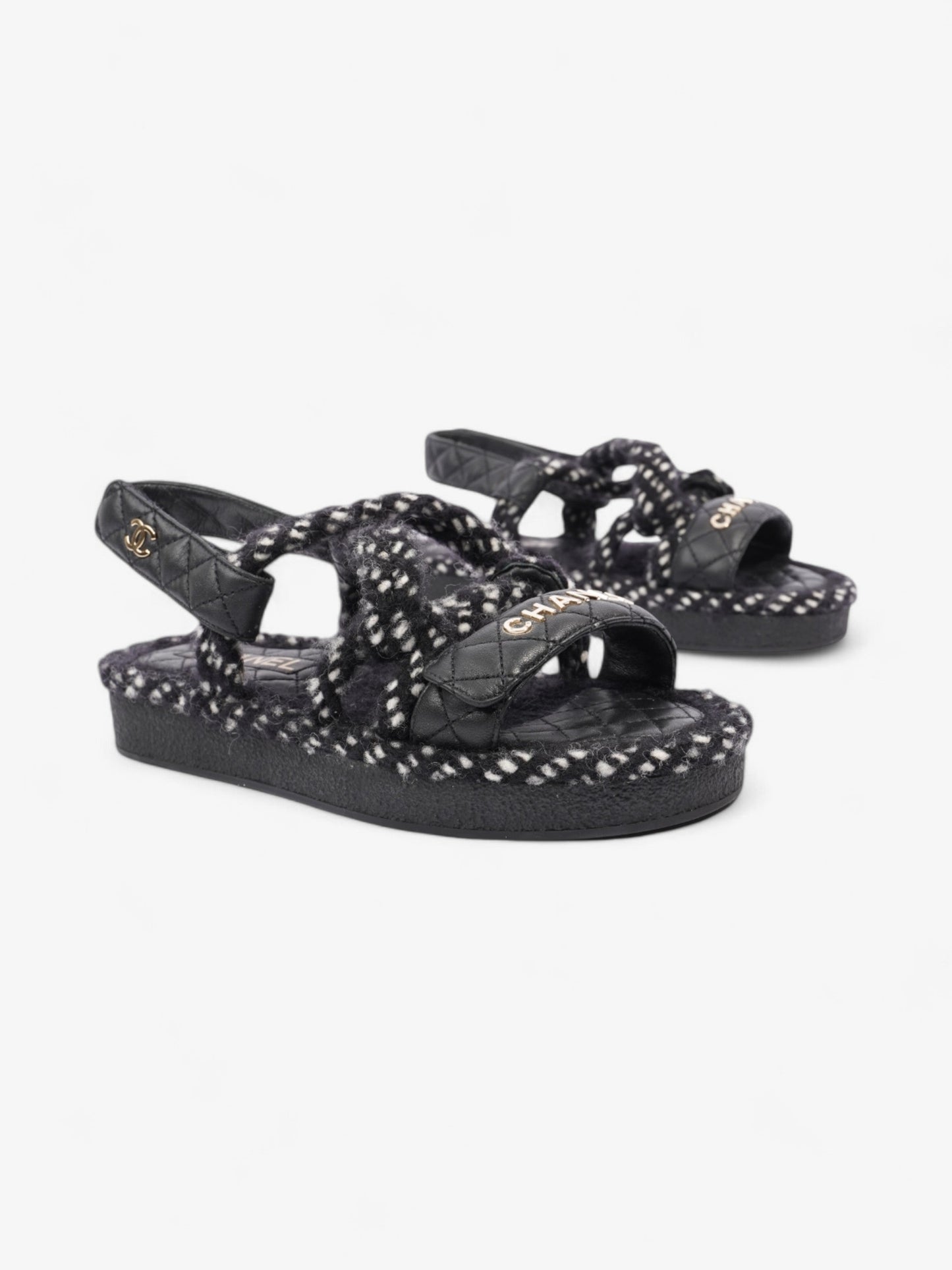 Chanel Cord Logo Sandals Black / White / Gold Lambskin Leather EU 36 UK 3