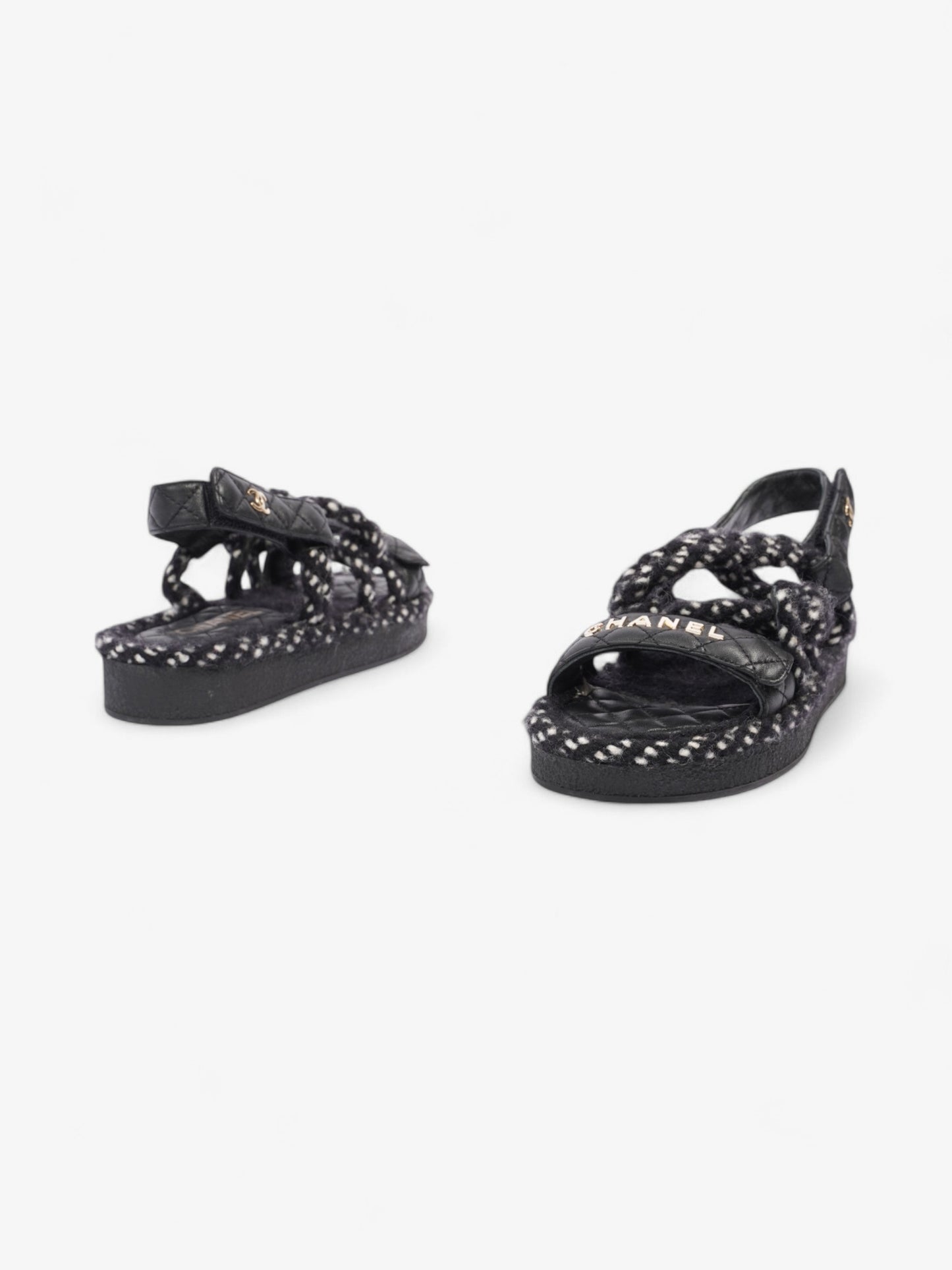Chanel Cord Logo Sandals Black / White / Gold Lambskin Leather EU 36 UK 3