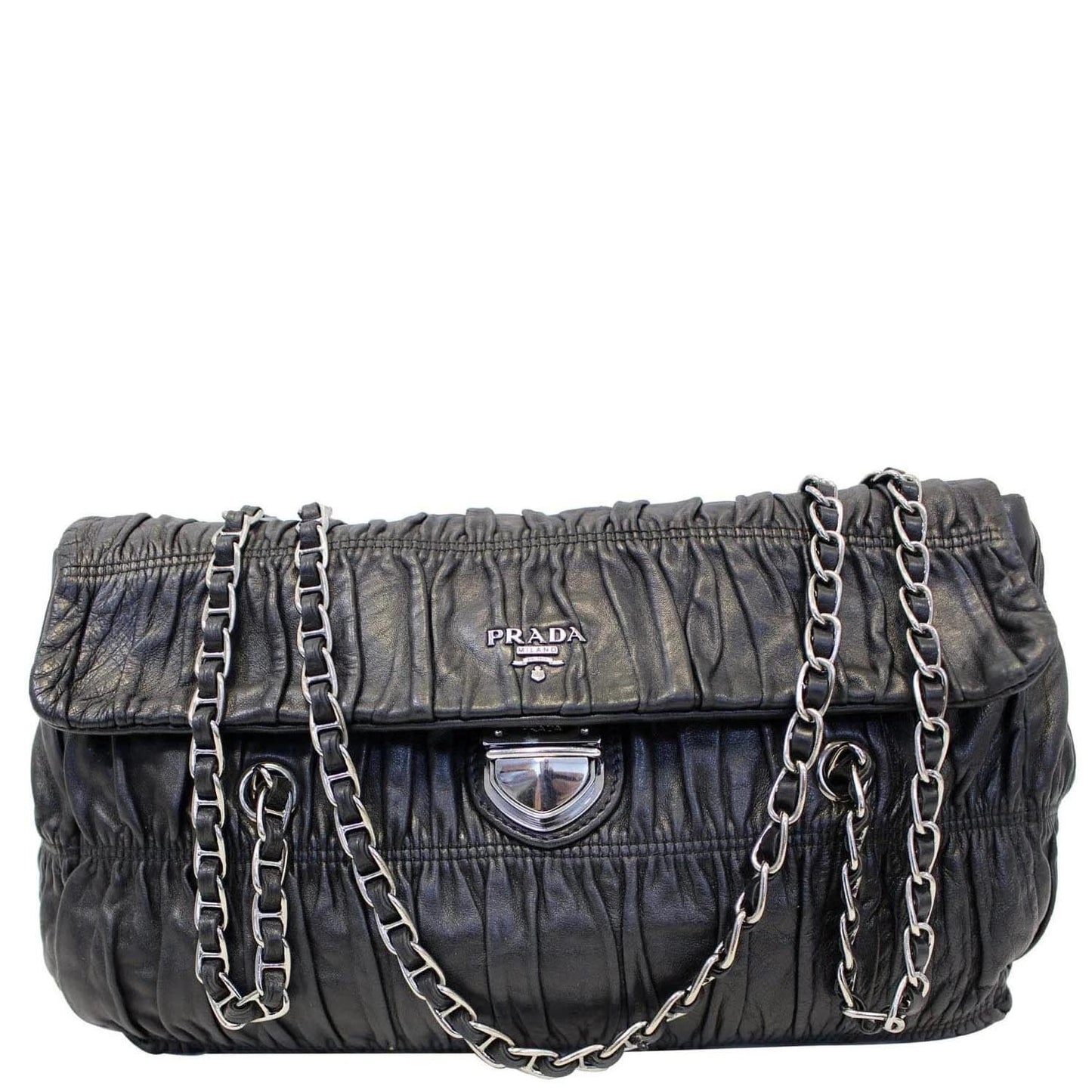 PRADA Black Nappa Leather Gaufre Ruched Flap Shoulder Bag