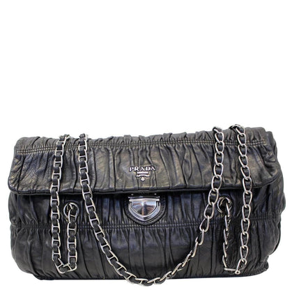 PRADA Black Nappa Leather Gaufre Ruched Flap Shoulder Bag