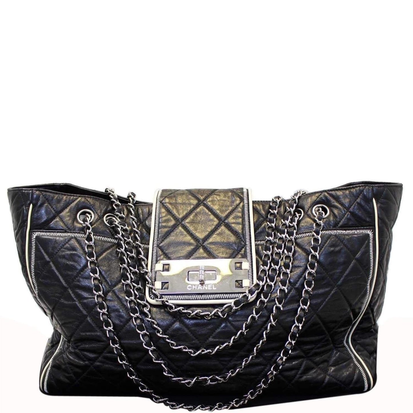CHANEL East West Large Lambskin Quilted Leather Tote Shoulder Bag Black