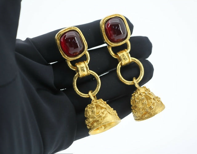 Chanel Vintage 94A Grapevine Gold-plated Red Bell Clip-on Earrings