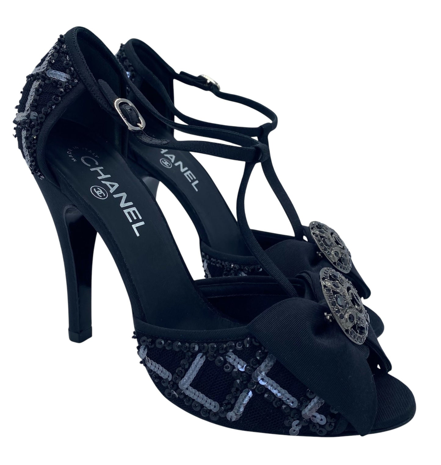 Chanel 09P Runway Black Sequin Bow CC Brooch Strap Heels Sandals EU 40