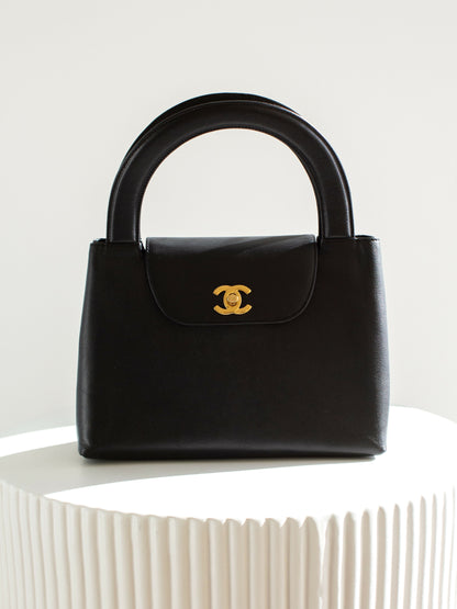 Chanel Vintage 1998 Kelly Black Caviar Leather 24K Gold Top Handle Bag