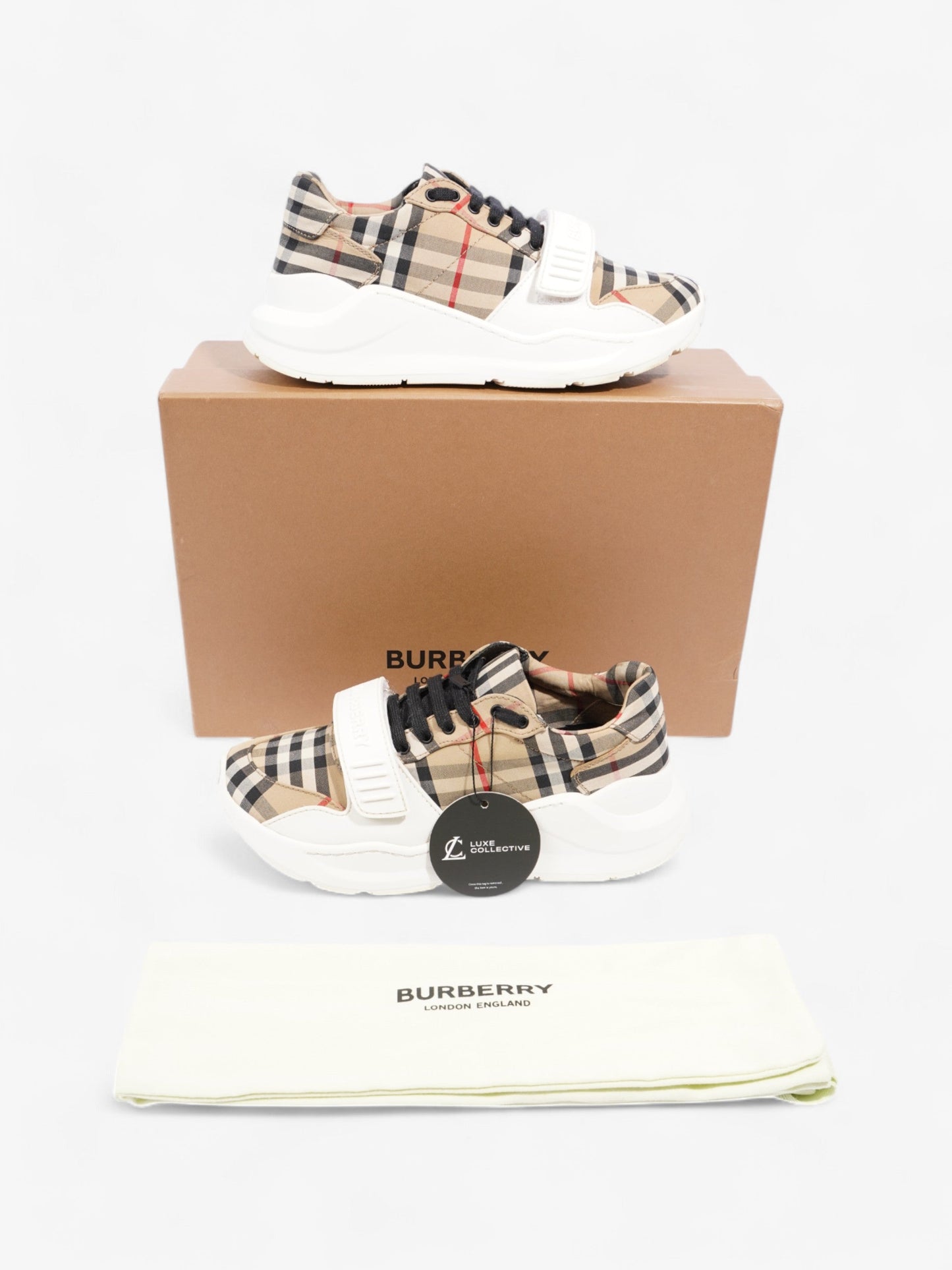 Burberry Regis Sneakers Beige Checkered / White / Black Canvas EU 37.5 UK 4.5