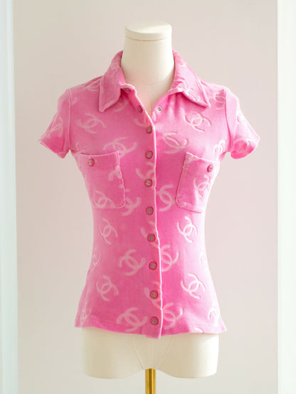 Iconic Chanel Vintage S/S 1996 Pink Velour CC Logo Button 96P Top