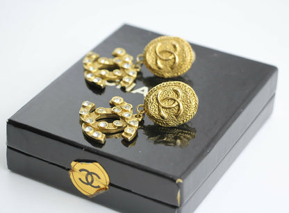 Chanel Vintage 71-80s Rhinestone & Gold-plated Round Relief Dangle Clip-on Earrings