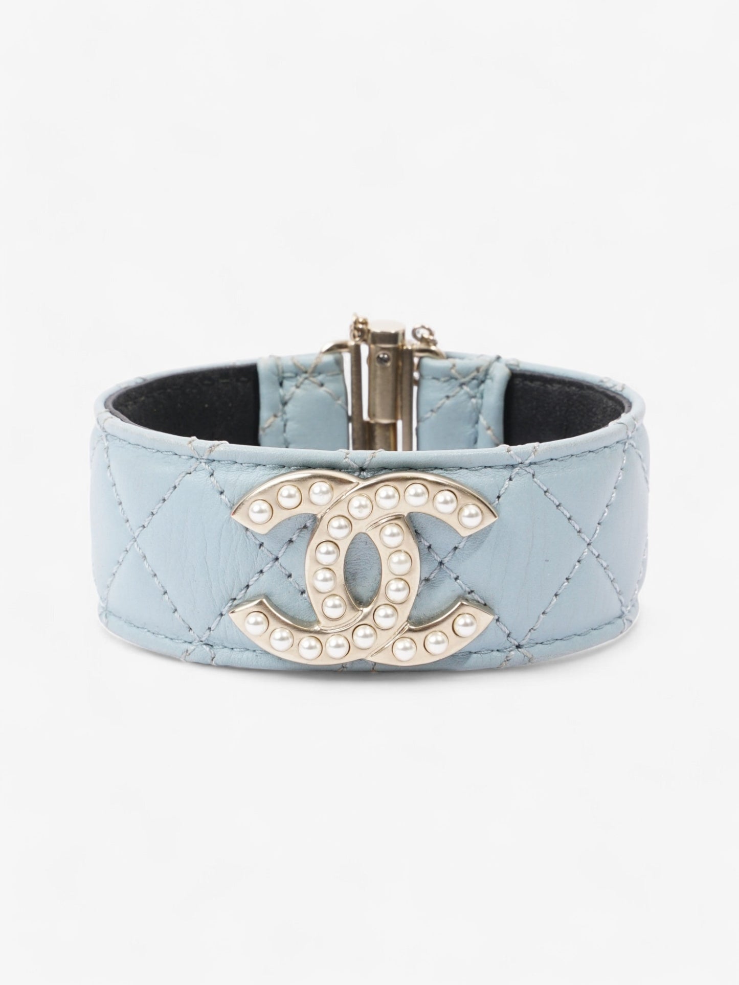 Chanel CC Pearl Cuff Bracelet Baby Blue / Light Gold Leather