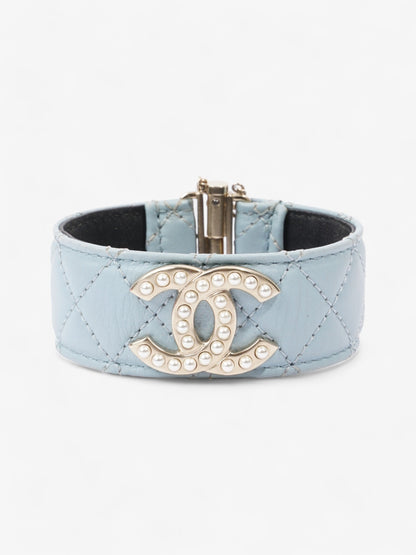 Chanel CC Pearl Cuff Bracelet Baby Blue / Light Gold Leather