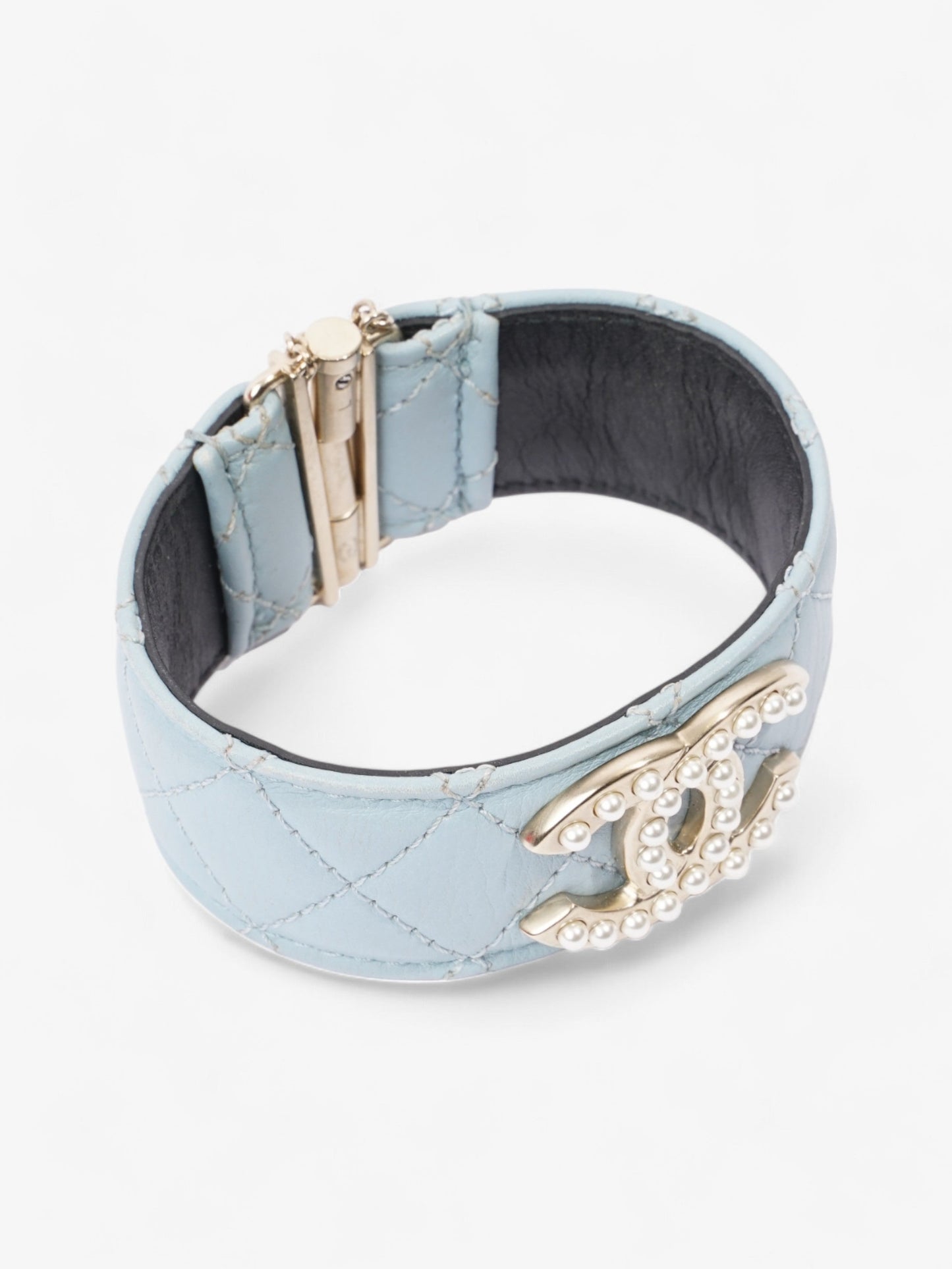 Chanel CC Pearl Cuff Bracelet Baby Blue / Light Gold Leather