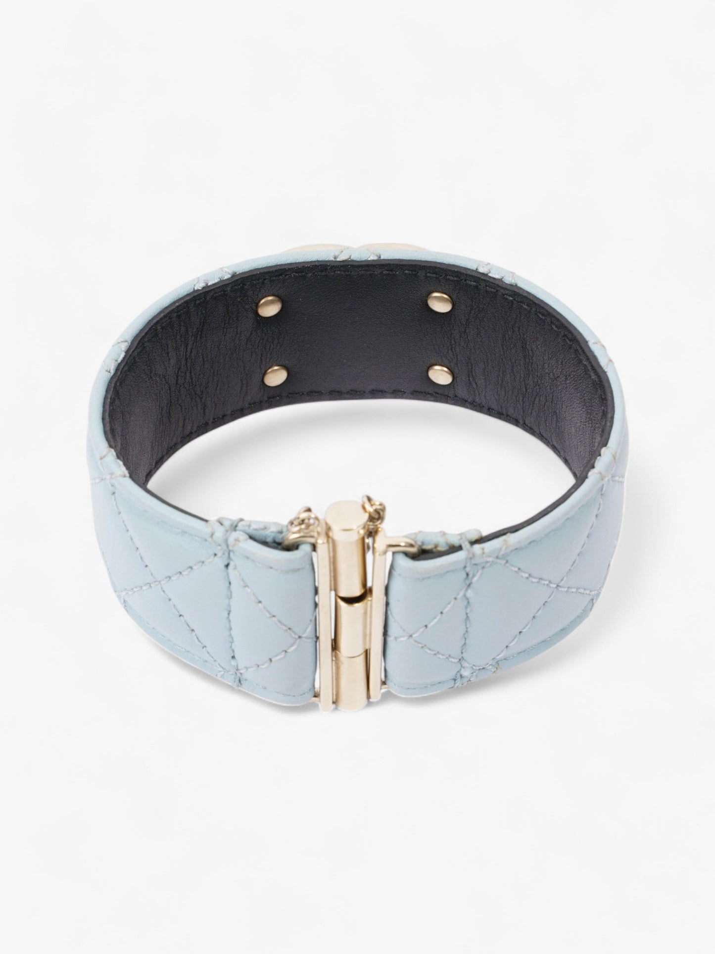 Chanel CC Pearl Cuff Bracelet Baby Blue / Light Gold Leather