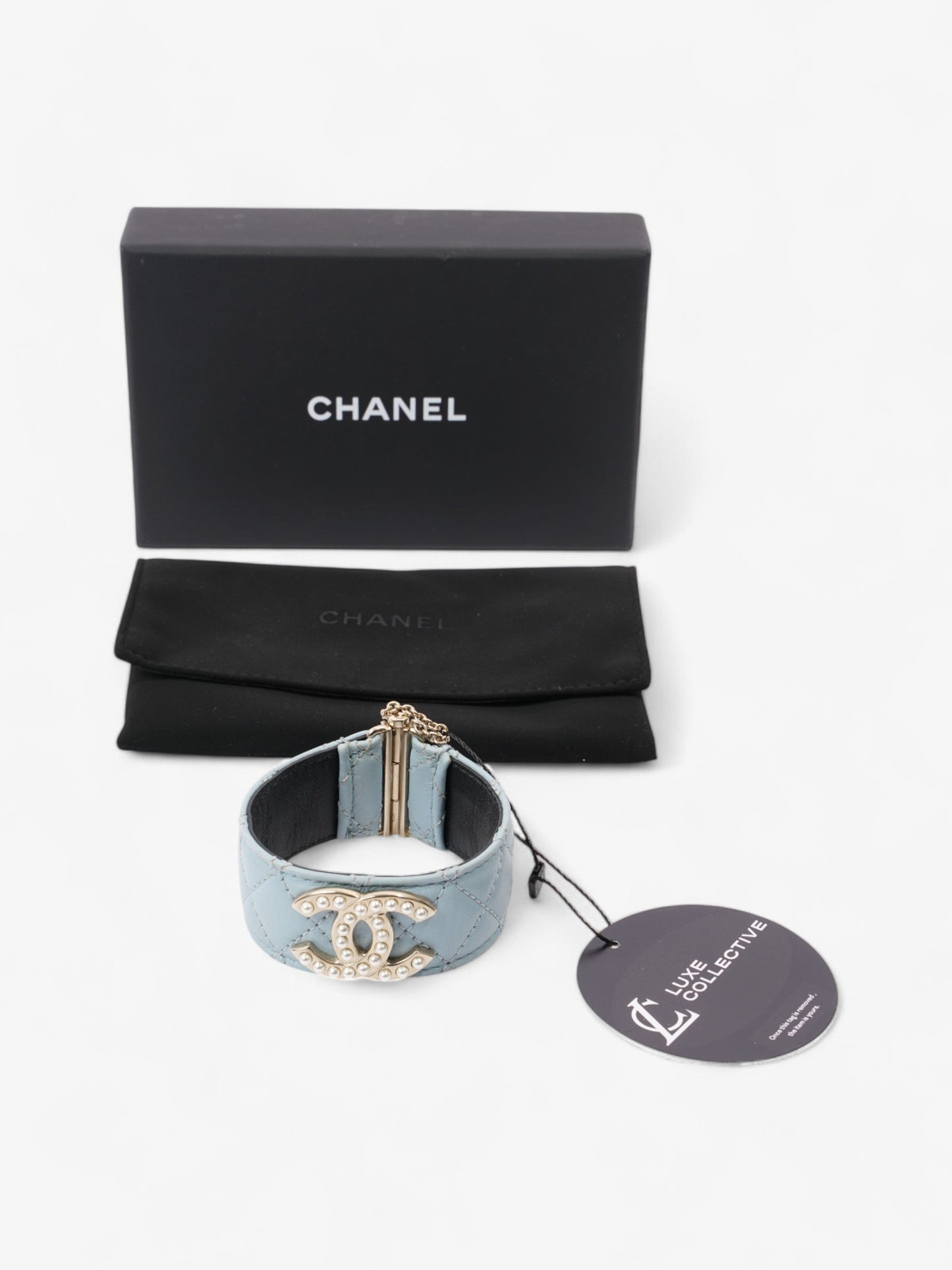 Chanel CC Pearl Cuff Bracelet Baby Blue / Light Gold Leather