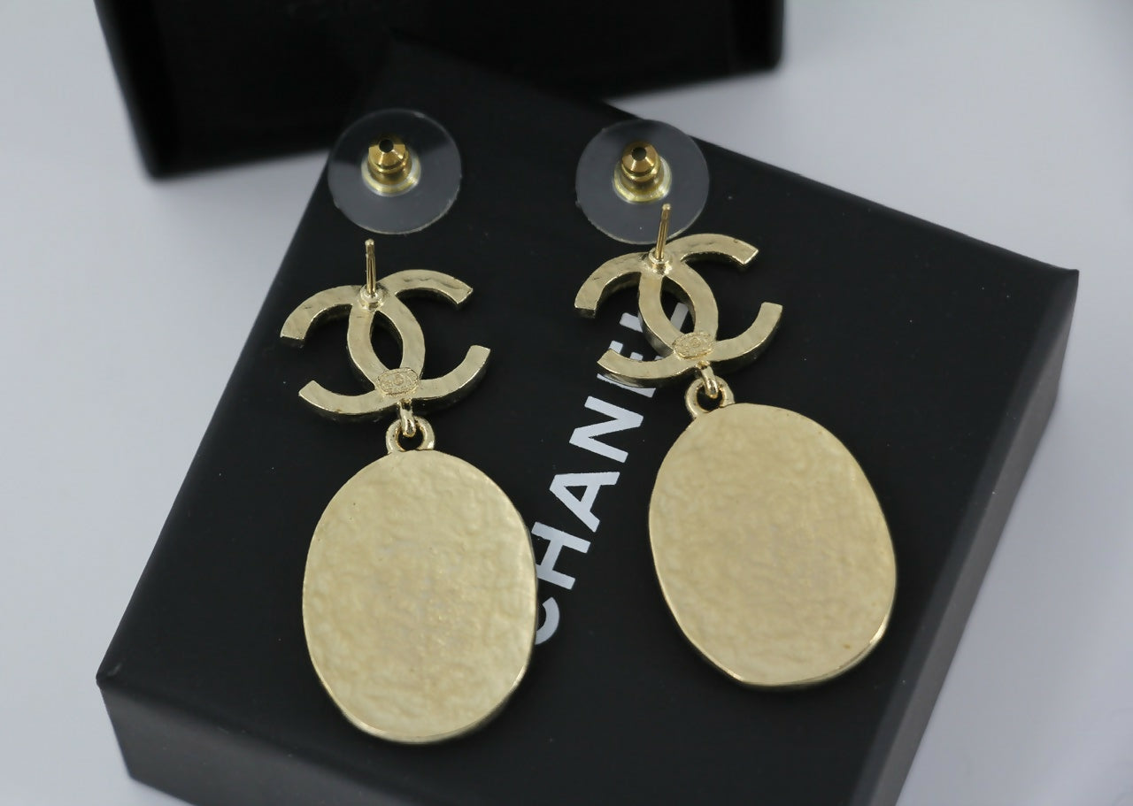 Chanel F21A Rhinestone CC Crown Dangle Stud Earrings