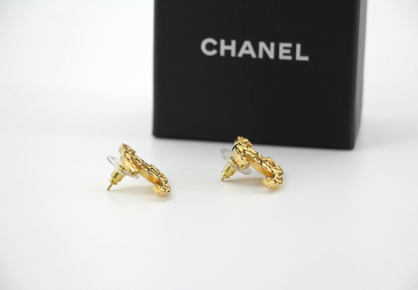 Chanel B19A Metal Square Embossed Gold CC Earrings