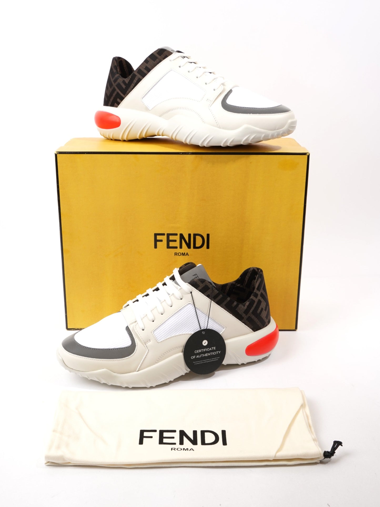 Fendi FF Logo Low Top Sneakers White / Brown / Red Canvas EU 42 UK 8