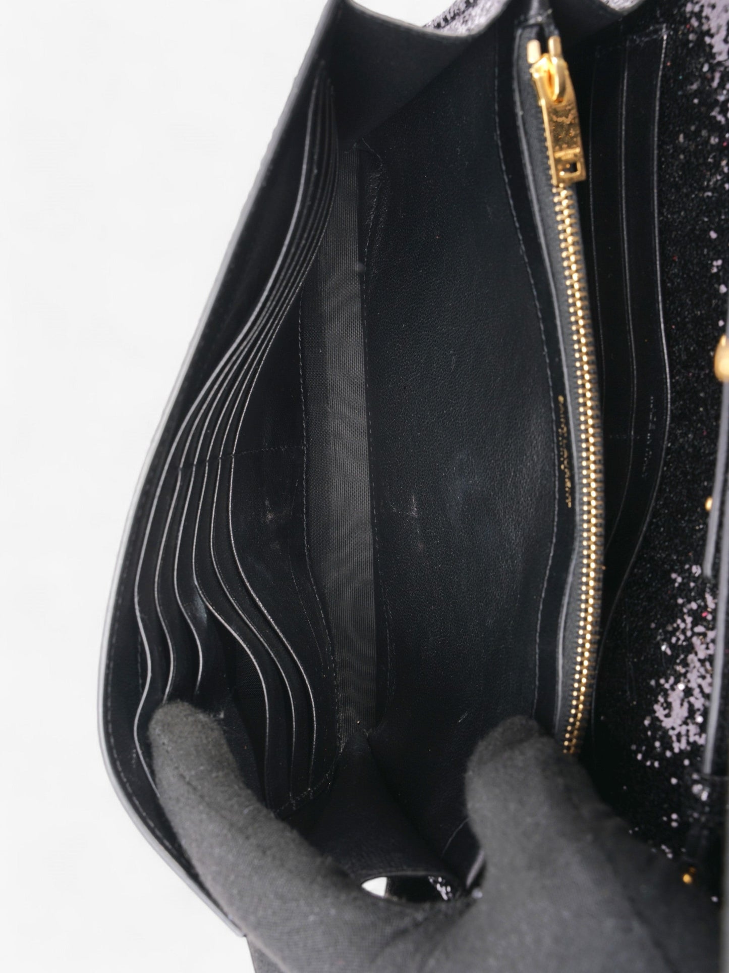 Saint Laurent Kate Chain Wallet Black Glitter Small