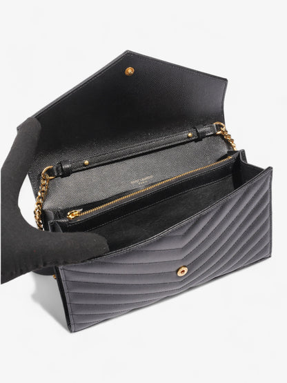 Saint Laurent Cassandre Envelope Chain Wallet Black Grained Leather