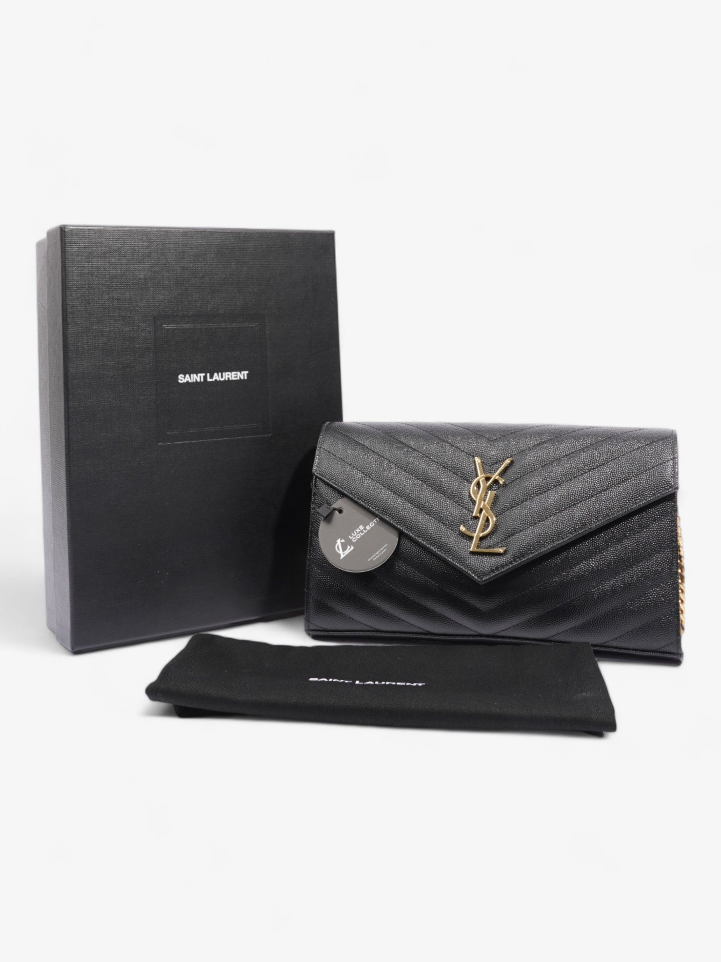 Saint Laurent Cassandre Envelope Chain Wallet Black Grained Leather