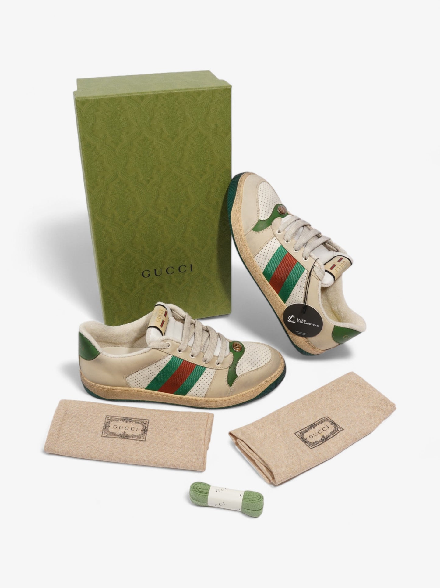 Gucci Screener GG Sneakers Beige / White / Green Leather EU 42.5 UK 8.5