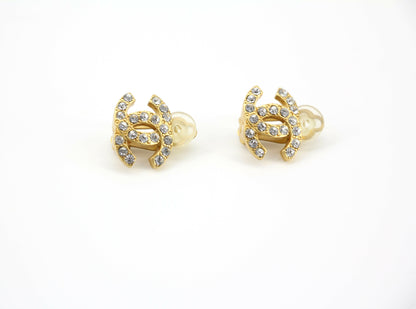 Chanel Vintage 02A Rhinestone Gold-plated CC Mark Clip-on Earrings
