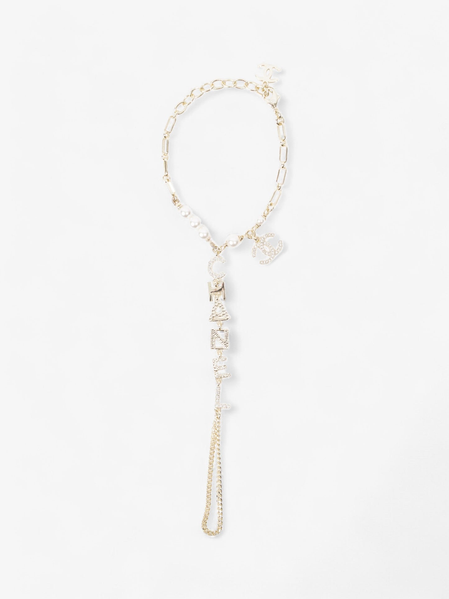 Chanel Pearl Logo Bracelet with Chain Ring Light Gold / Pearl Base Metal