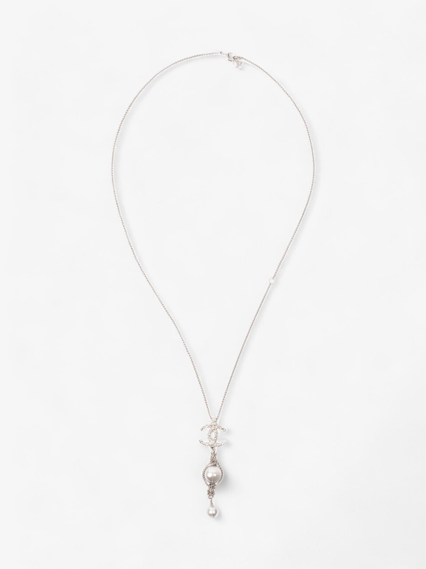 Chanel CC Pearl Drop Necklace Silver Silver Sterling
