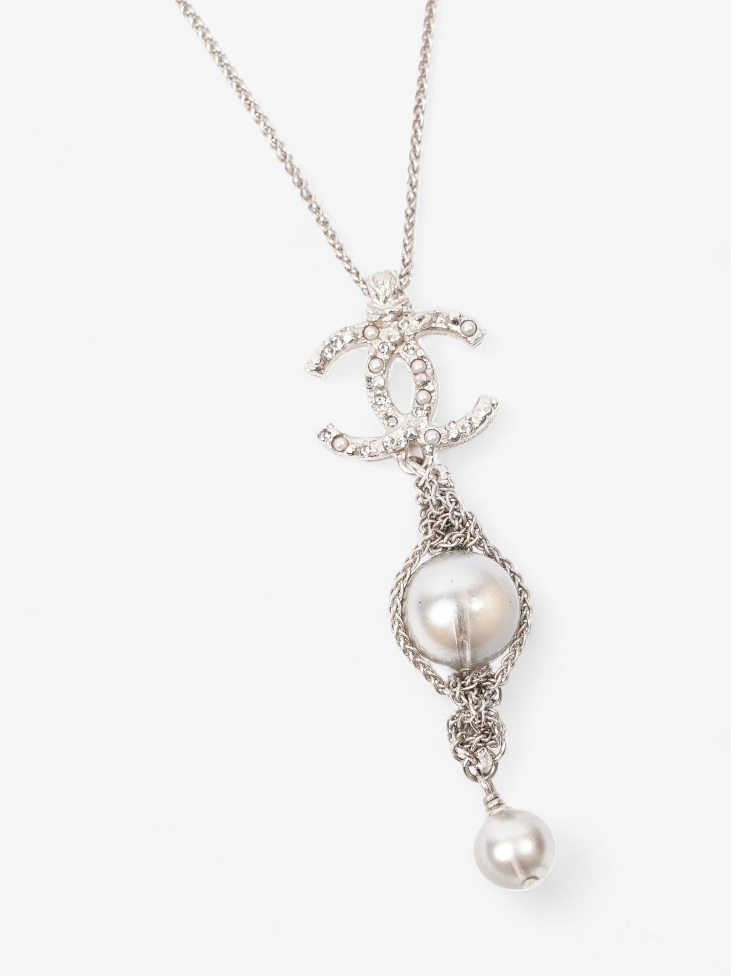 Chanel CC Pearl Drop Necklace Silver Silver Sterling