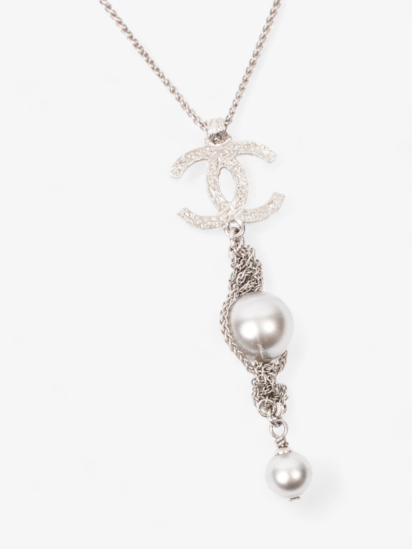 Chanel CC Pearl Drop Necklace Silver Silver Sterling