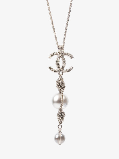 Chanel CC Pearl Drop Necklace Silver Silver Sterling