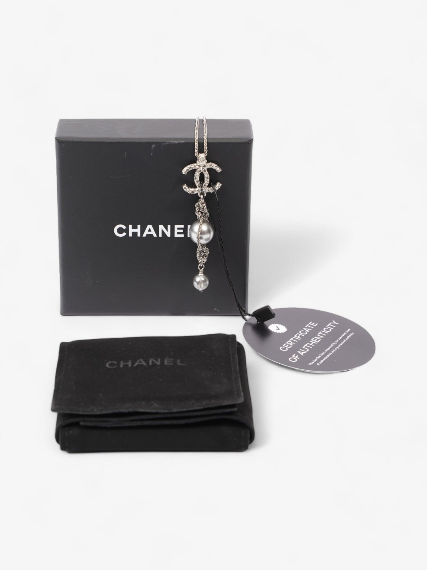 Chanel CC Pearl Drop Necklace Silver Silver Sterling
