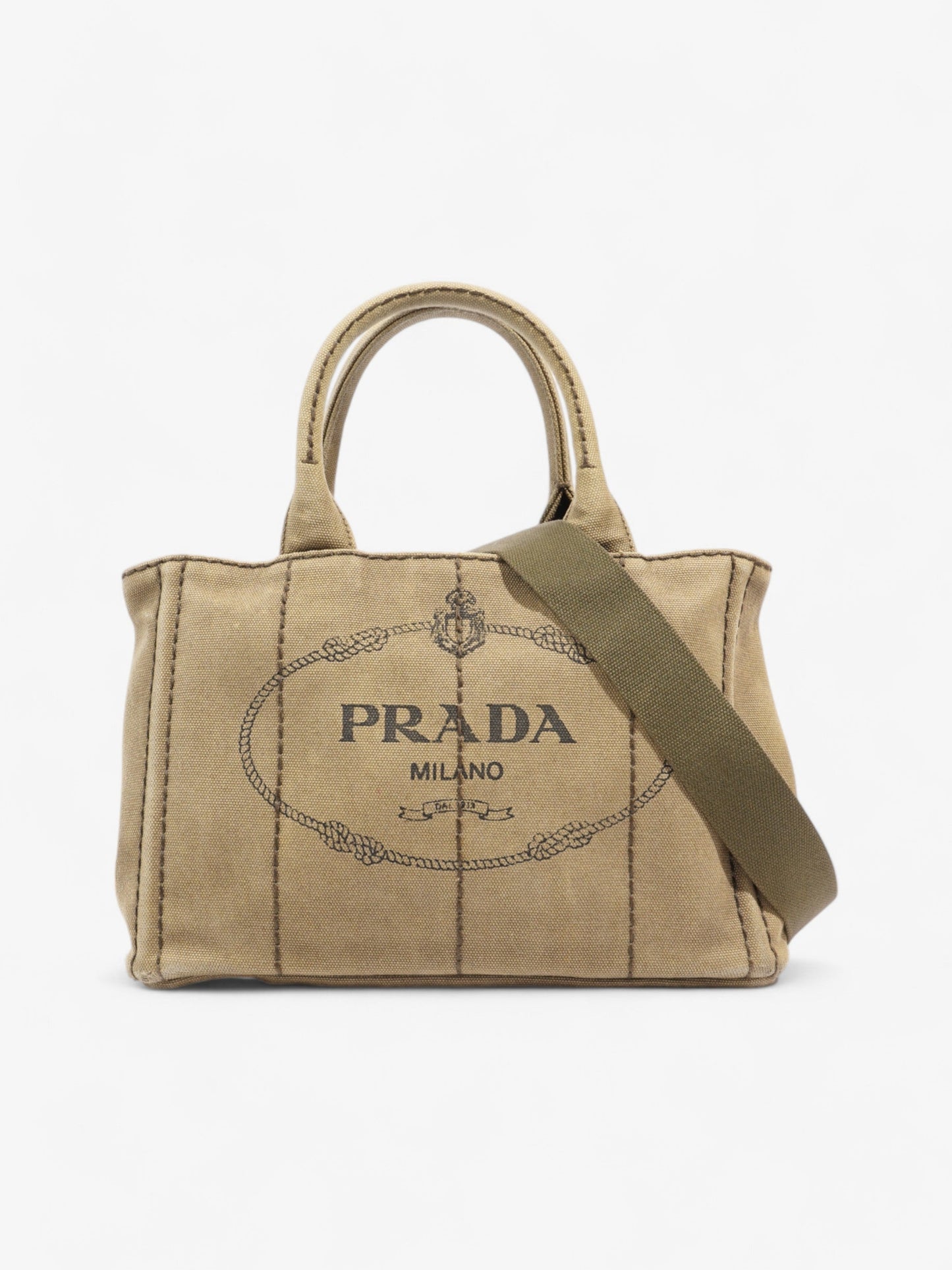 Prada Canapa 2 Way Handbag Khaki Cotton
