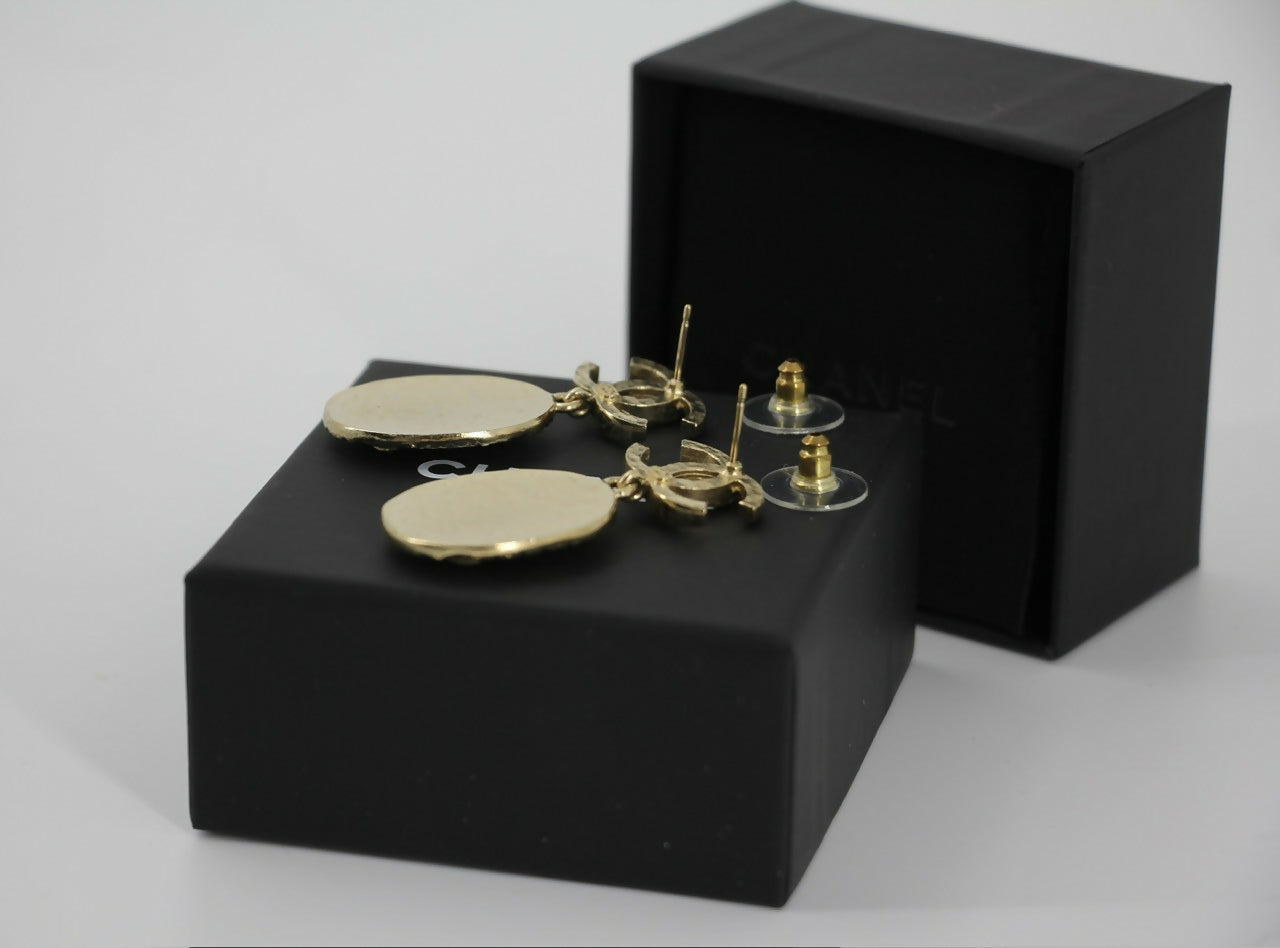 Chanel F21A Rhinestone CC Crown Dangle Stud Earrings